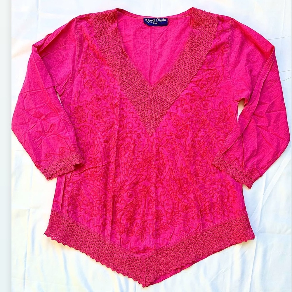 Pink Boho Hippie lace design long sleeve blouse with stitching detailing